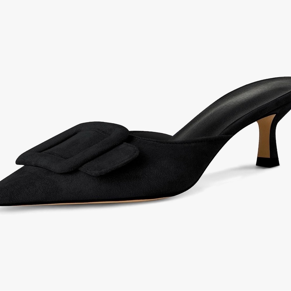 Kitten Heel Mules Sandals for Women Pointed toe Square Buckle Backless Slip